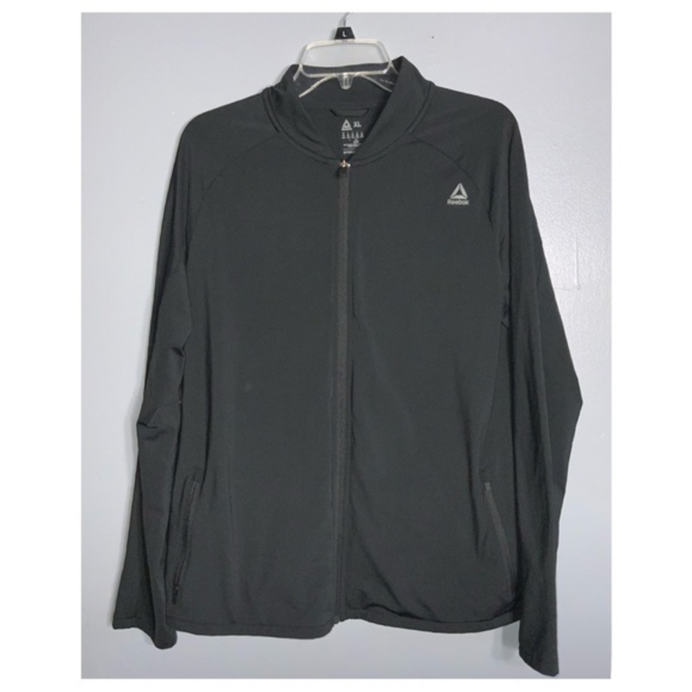 Reebok Black Zip Up Athletic Sporty Stretch Knit Jacket Zip Side Pockets XL